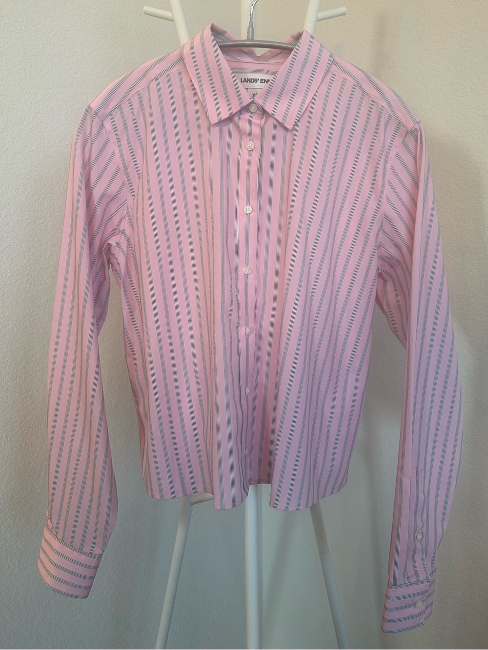 Lands' End No Iron, Cropped, Pink and Gray Vertical Stripe Shirt